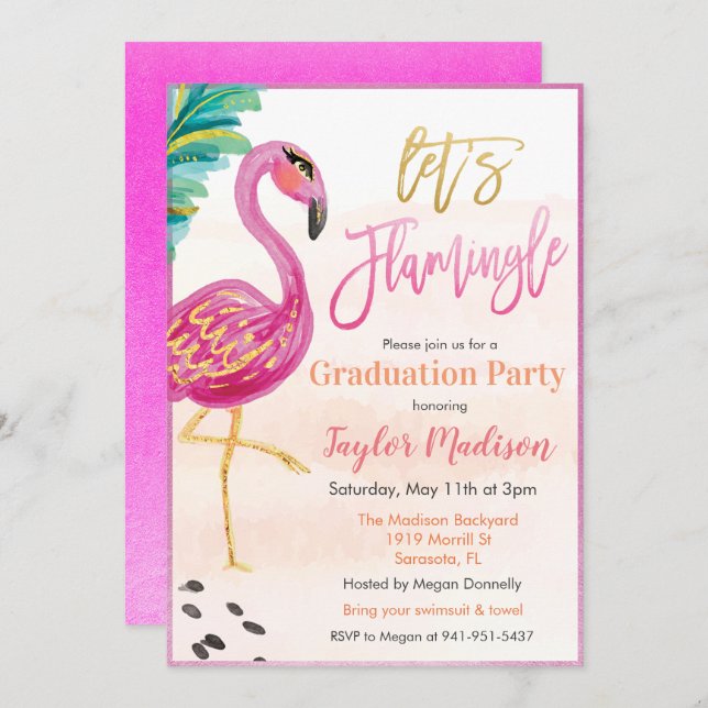 Flamingle Flamant rose Graduation Invitation (Devant / Derrière)