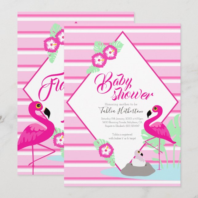 Flamingle flamingo baby shower invitations rose (Devant / Derrière)