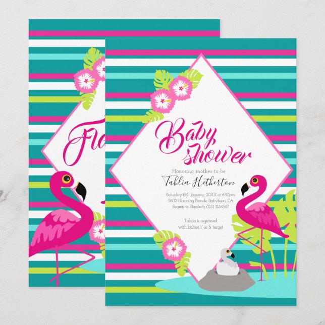 Flamingle Flamingo invitations douche bébé (Devant / Derrière)