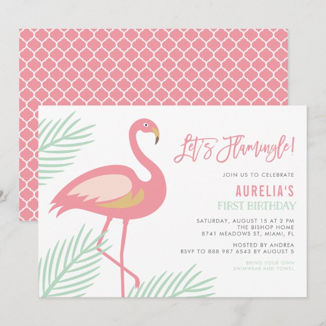 Flamingle Tropical Invitation de premier anniversa (Devant / Derrière)