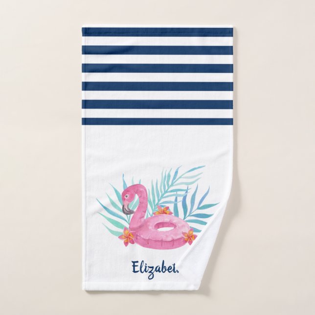 Flamingo Flotteur de Piscine Bleu Nuit Rayé Blanc  (Serviette à main)