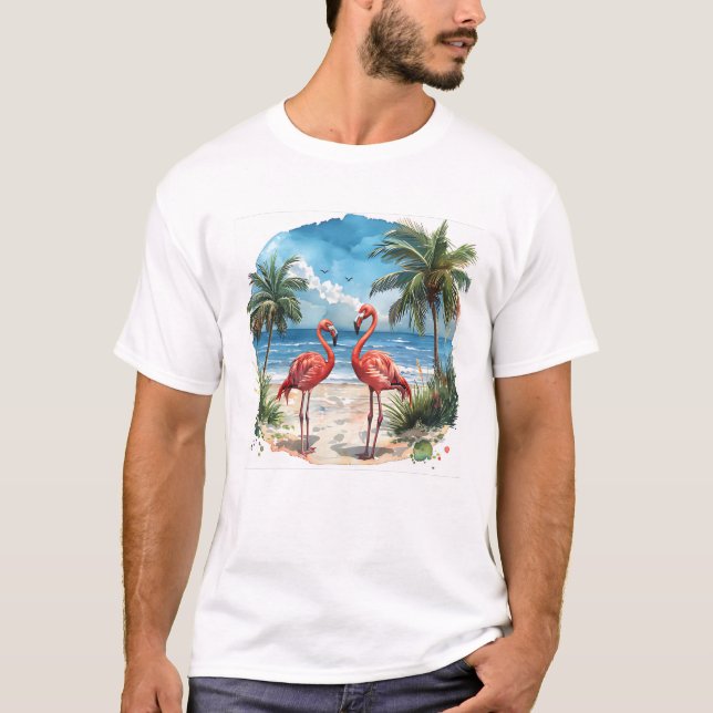 Flamingo Île Tropicale Tshirt Plages Palmiers (Devant)