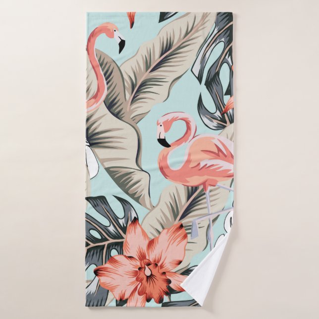 Flamingo rose tropicale avec fleurs d'orchidées et (Serviette de bain)