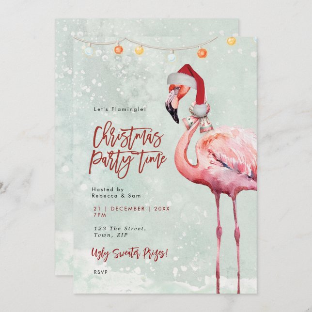 flamingo santa chapeau Noël invitation (Devant / Derrière)