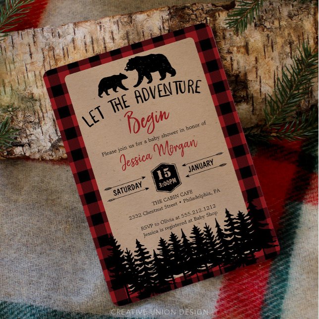 Flannel Aventure Ours Bébé Douche Invitations (Flannel Baby Shower Invite)