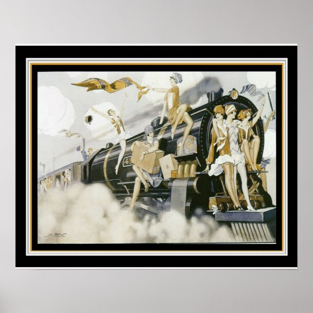 "Flappers Take The Train" Art Déco Imprimer 16 x 2 (Devant)