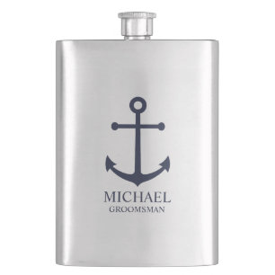 Flasque Ancre Bleue marine Nautique Groomsmen personnalisé
