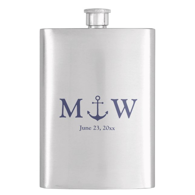 Flasque ancre nautique mariage marine bleu monogramme favo (devant)