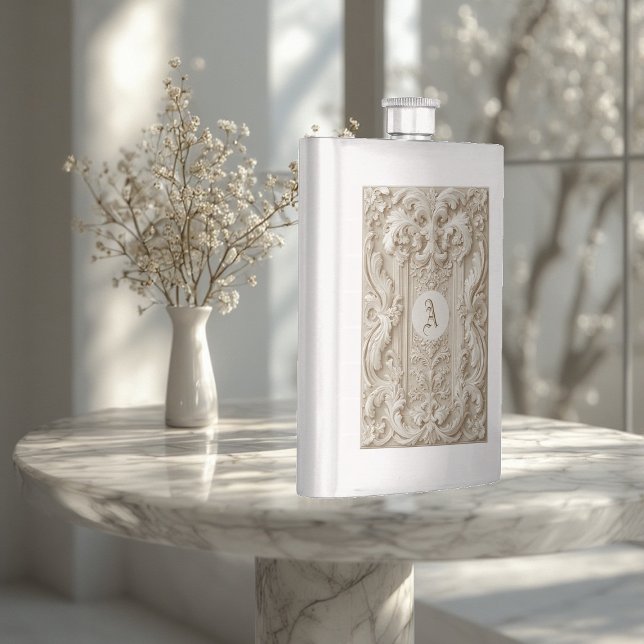 Flasque Baroque Elegant Topography Vintage Ivory Monogram  (Baroque Elegant Topography Vintage Ivory Monogram Flask)