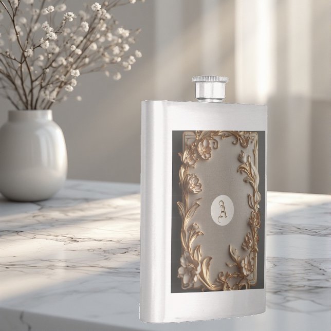 Flasque Baroque Vintage Topography Metallic Ivory Monogram (Baroque Vintage Topography Metallic Ivory Monogram Flask)