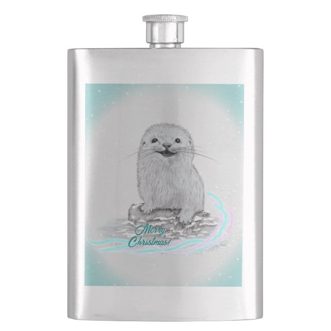 Flasque Bébé loutre de mer blanche mignonne, Joyeux Noël (devant)