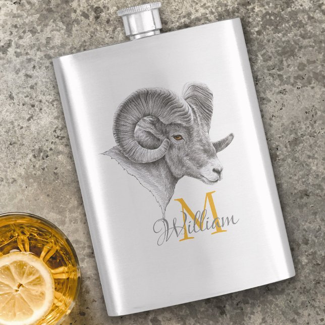 Flasque Bighorn Ram Animal art Aries Zodiac signe Monogram (Créateur téléchargé)