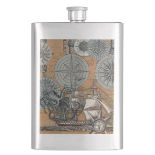 Flasque Boussole Rose Vintage Nautique Octopus Ship