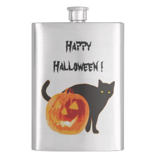 FLASQUE CHAT NOIR HALLOWEEN ET CITROUILLE