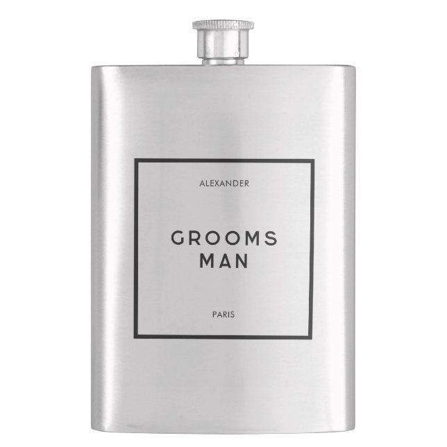 Flasque Chic Minimal Français Noir & Blanc Nom du Groomsma (devant)