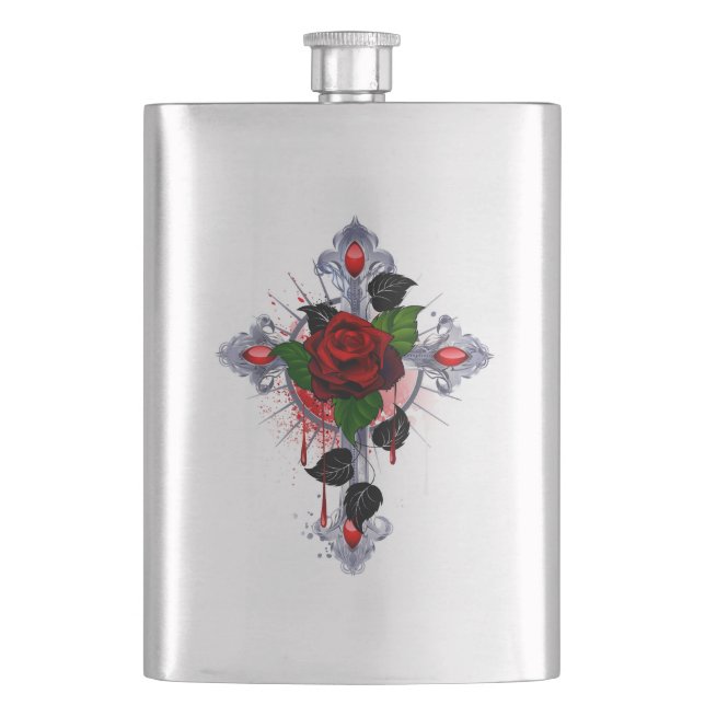 Flasque Croix d'argent avec une rose rouge (devant)