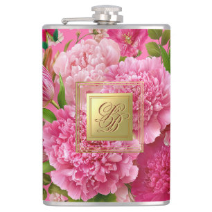 Flasque de fête à monogramme floral rose et vert g