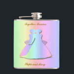 Flasque de mariées lesbiennes arc-en-ciel pastel<br><div class="desc">Deux mariées s'étreignent. Leur apparence et l'arrière-plan sont l'arc-en-ciel de la fierté gay dans des tons pastel.</div>