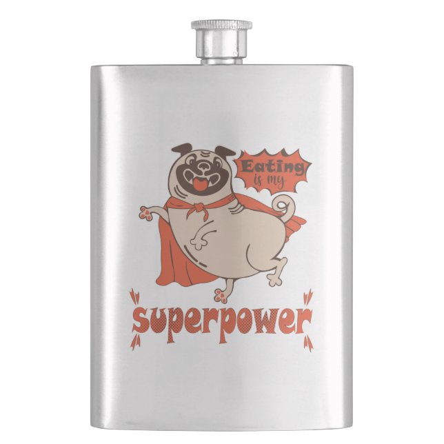 Flasque Eating is my superpower red cloak pug comic style  (devant)