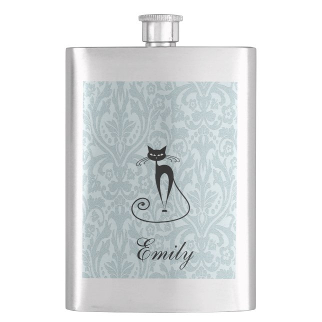 Flasque Élégant chat noir damassé mariage vintage (devant)