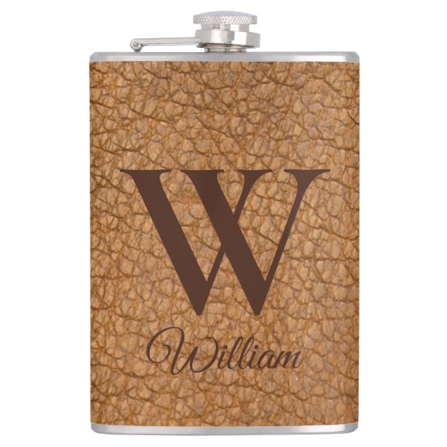 Flasque en faux cuir marron avec monogramme élégan (Devant)