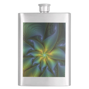 Flasque Etoile Abstraite, Bleu brillant Vert Or Fractal Ar
