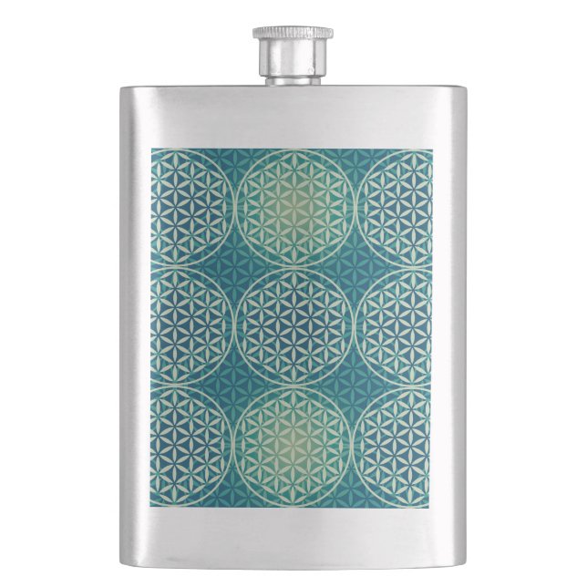 Flasque Fleur de vie - motif de timbre - bleu cyan (devant)