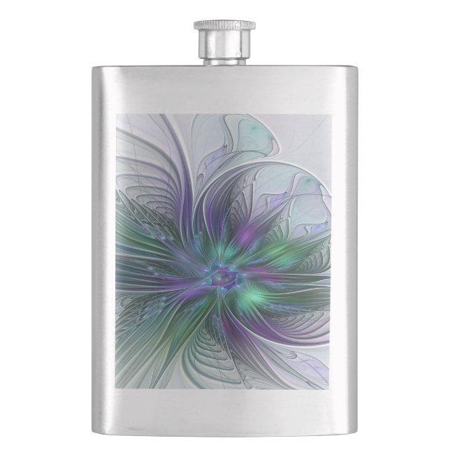 Flasque Fleur verte abstraite moderne d'art fractal violet (devant)