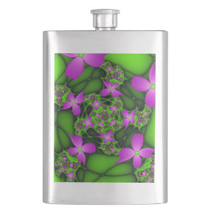 Flasque Fleurs fractales Abstraites de néon rose vert