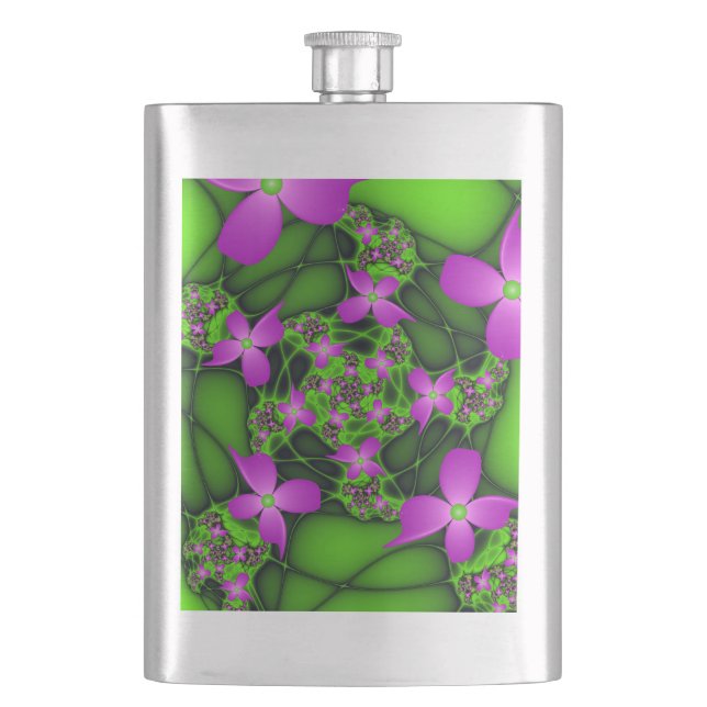 Flasque Fleurs fractales néon rose vert moderne abstrait (devant)