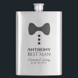 Flasque Fun Black Cravate Tuxedo Best Man Silver Flask<br><div class="desc">Ce flacon amusant est conçu comme un cadeau ou une faveur pour votre meilleur homme. Il présente une image d'une cravate arc-en-ciel noire avec trois boutons, ressemblant à un smoking. Le texte dit "Meilleur Homme" et a une place pour son nom, les noms du couple et la date du mariage....</div>