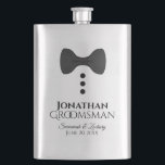 Flasque Fun Black Cravate Tuxedo Groomsman Silver Flask<br><div class="desc">Ce flacon amusant est conçu comme un cadeau ou une faveur pour vos groomsmen. Il présente une image d'une cravate arc-en-ciel noire avec trois boutons, ressemblant à un smoking. Le texte dit "Groomsman" et a une place pour son nom, les noms du couple et la date du mariage. Excellente façon...</div>