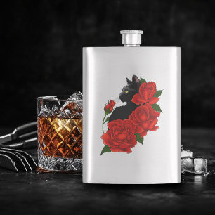 Flasque Gothique Chat Noir Roses Rouges Violet