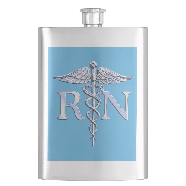 Flasque Infirmière inscrite RN Silver Caduceus sur Bleu bé (devant)