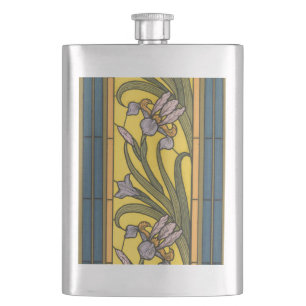 Flasque Iris Fleur Art Nouveau Vitrail Bleu Or