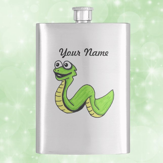 Flasque Joli serpent vert jaune de dessin animé souriant (Fun smiling green yellow snake big eyes on silver drinking flask.)