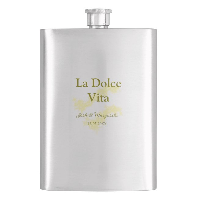 Flasque La Dolce Vita jaune mariage couple Nom date glit (devant)