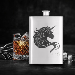 Flasque Licorne Tribale Noire Fantastique Minimaliste Blan