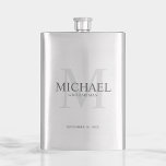 Flasque Masculine Monogramme personnalisé et nom Groomsmen<br><div class="desc">Ajoutez une touche personnelle à votre mariage avec un flacon de toiletteurs personnalisé. Ce flacon comporte le nom personnalisé du marionnettiste avec titre en gris et monogramme en gris clair comme arrière - plan, dans le style de police serif classique. Aussi parfait pour le meilleur homme, père de la mariée...</div>