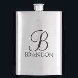 Flasque Monogramme et nom personnalisés en script masculin<br><div class="desc">Cadeau de monogramme et de nom personnalisé présente un monogramme personnalisé en style de police de script classique noir et un nom en style de police serif classique noir sur fond blanc. Parfait comme cadeau de vacances, cadeau de fête des pères, faveurs de réunion de famille, cadeau de remerciement pour...</div>