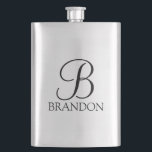 Flasque Monogramme et nom personnalisés en script masculin<br><div class="desc">Cadeau de monogramme et de nom personnalisé présente un monogramme personnalisé en style de police de script classique noir et un nom en style de police serif classique noir sur fond blanc. Parfait comme cadeau de vacances, cadeau de fête des pères, faveurs de réunion de famille, cadeau de remerciement pour...</div>