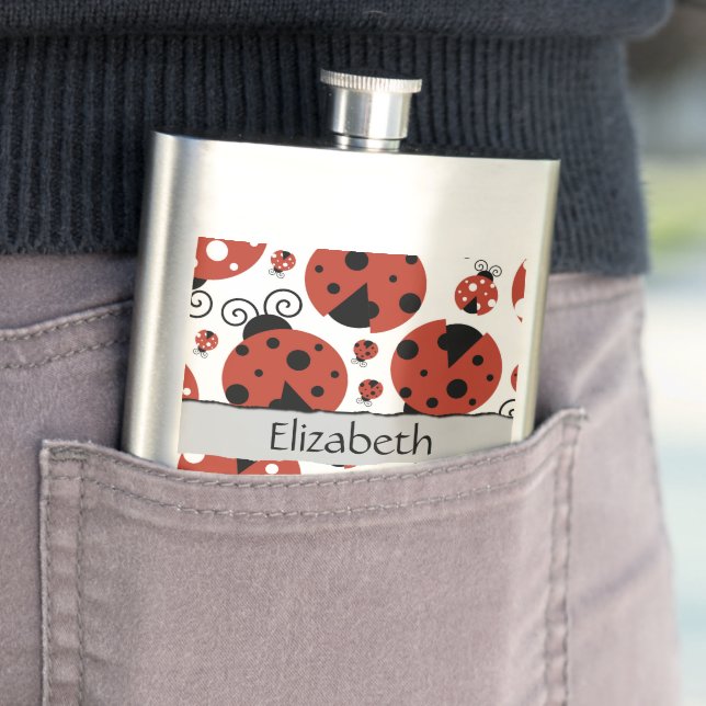 Flasque Motif De Ladybugs, Red Ladybugs, Votre Nom (En situation)