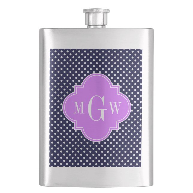Flasque Navy White Polka Dots Lilac Quatrefoil 3 monogram (devant)