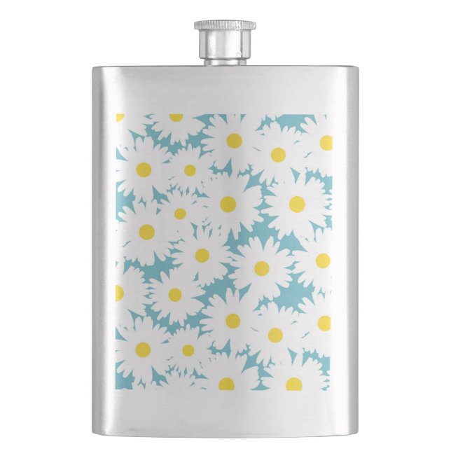 Flasque Négative Space Daisies blanc jaune sur bleu (devant)
