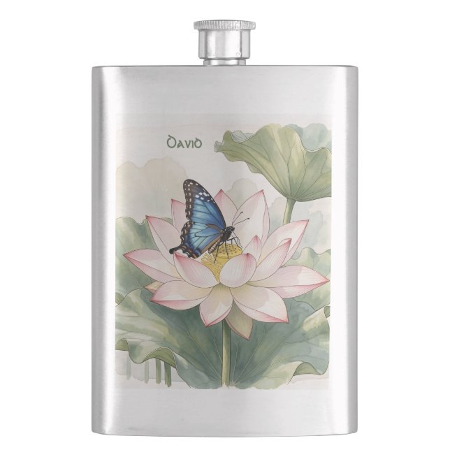 Flasque Papillon Swallowtail Bleu Avec Nom De Fleur De Lot (devant)