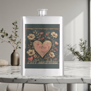Flasque Personnalisé M & Mme Tout Juste Mariés Floral Vint