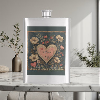 Flasque Personnalisé M & Mme Tout Juste Mariés Floral Vint