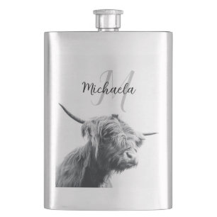 Flasque Portrait de vache Highland premier monogramme noir