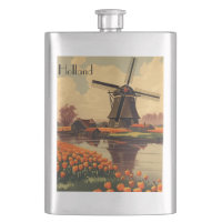Poster Vintage voyage de Hollande, tulipes et moul