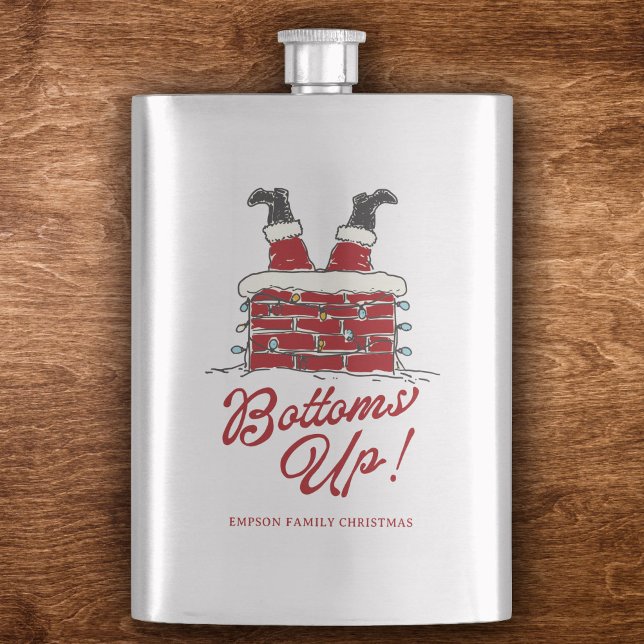 Flasque Santa Bottoms Up Drôle de fête de Noël (Stainless steel flask with a Santa chimney motif, light string detail, and bold “Bottoms Up!” script)